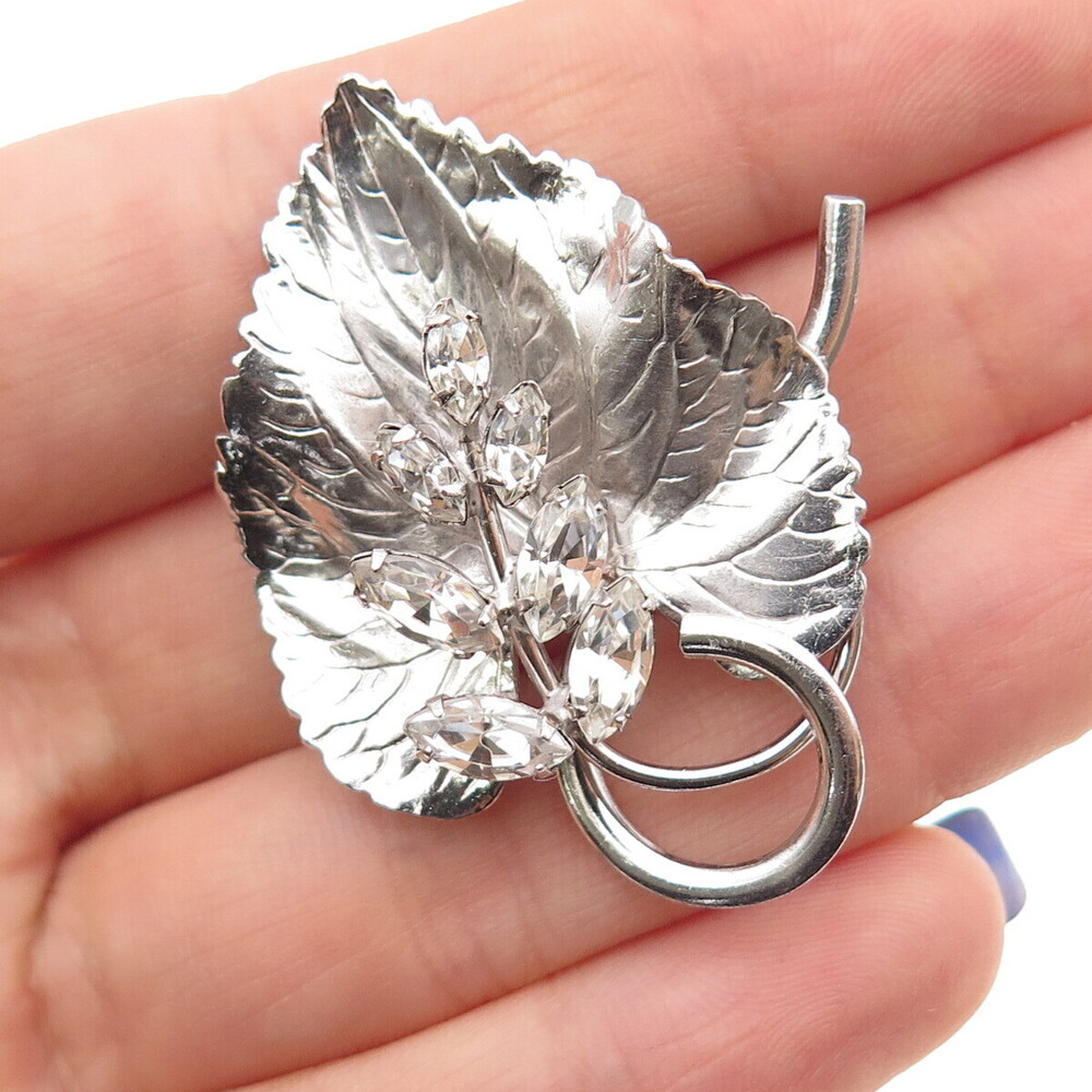 CARL ART 925 Sterling Silver Antique Art Deco Rhinestone Floral Leaf Pin Brooch